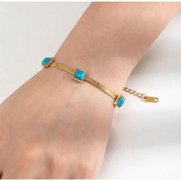 18K Gold Plated herringbone Turquoise Necklace Set Stainless Steel jewelry - Picture 7 of 9